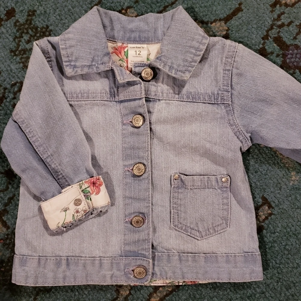 Carter's Jean Jacket Blue Floral Accents Roll Up